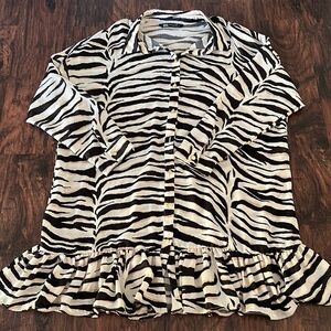 Zara Black White Animal Print Zebra Mini Ruffle Button Down Dress